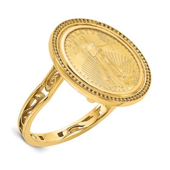 14k Gold Ladies' Ring with Polished, Beaded Mount and American Eagle Coin Bezel - Picture 1 of 2